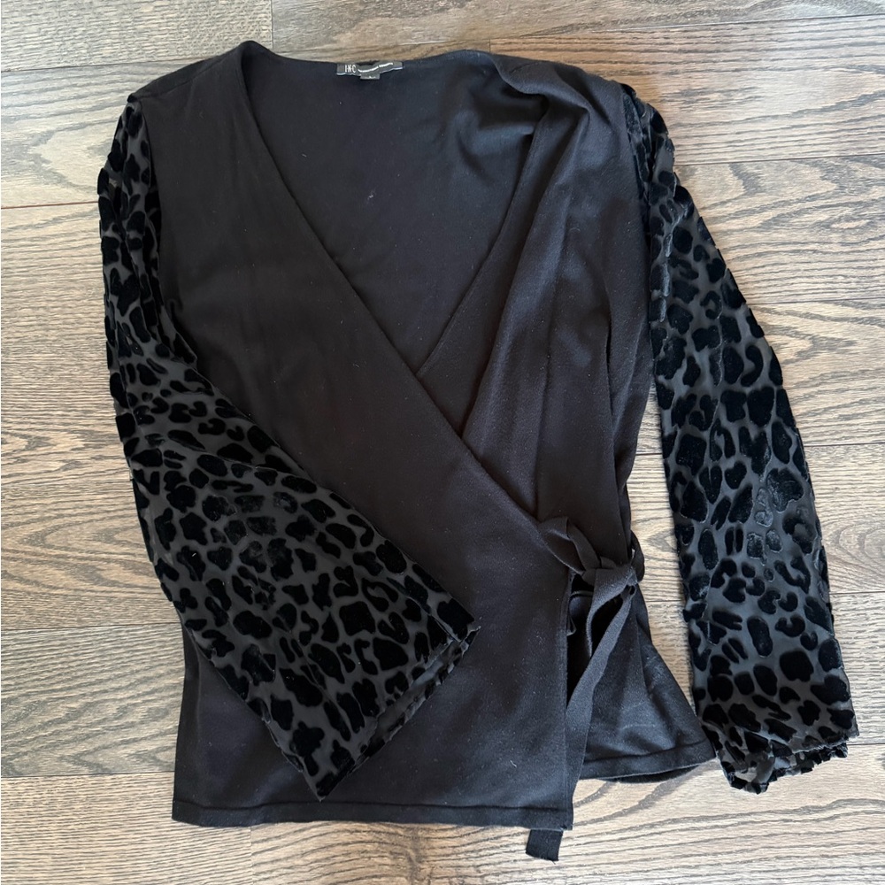 INC International Concepts Black Animal Print Burnout Velvet Arm Wrap Sweater